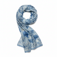 Lade das Bild in den Galerie-Viewer, Foulard Bleu Imprimé Fleuri avec Dorure - Coton &amp; viscose
