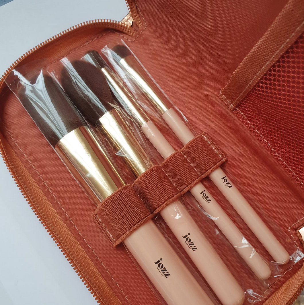 JOZZ Beauty -Set 4 mini pinceaux ON THE GO - pochette dorée - COLLECTION SUNSET HOUR